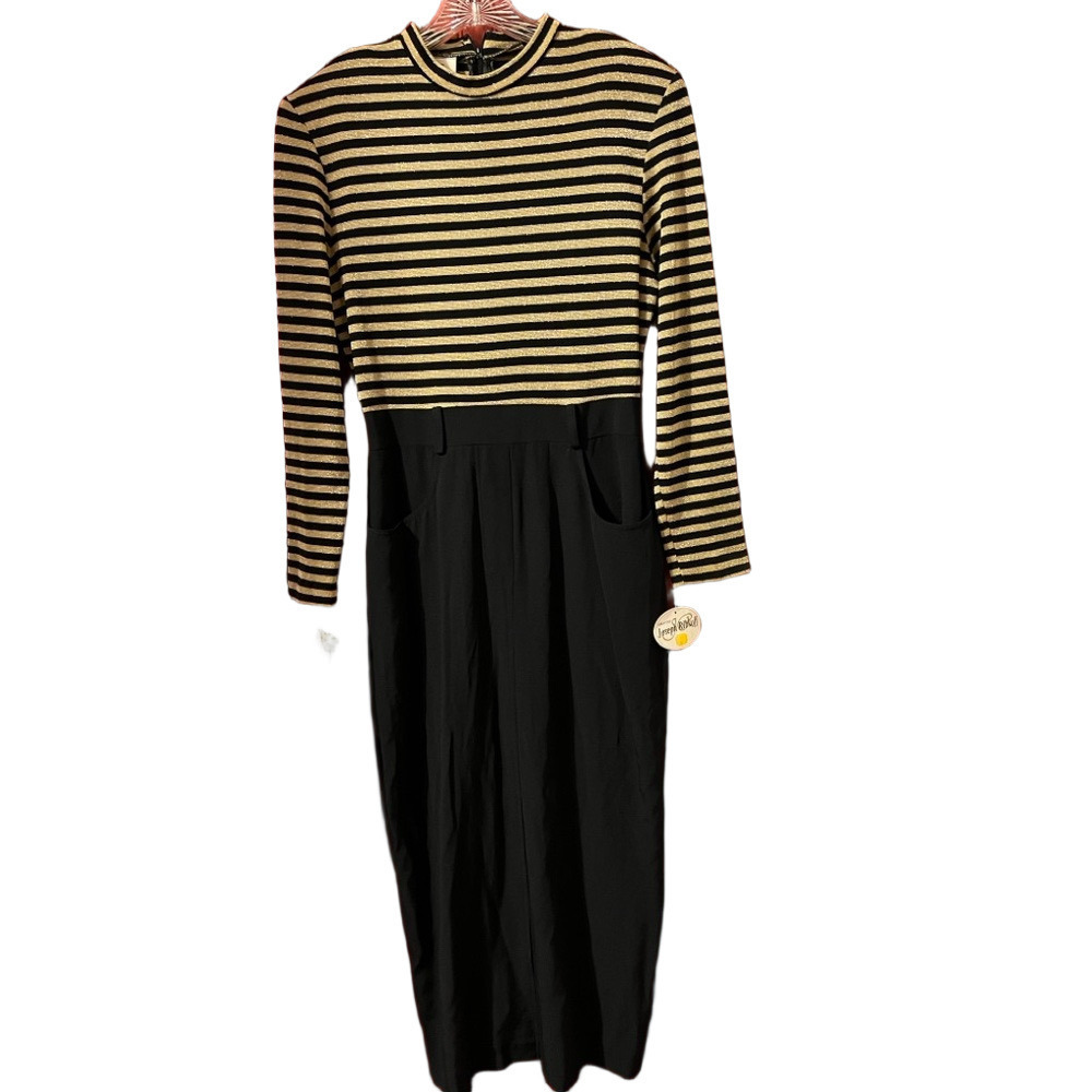 NWT  VTG Joseph Ribkoff Black and Gold Striped Long Sleeve Dress. 10 ( NO BELT )